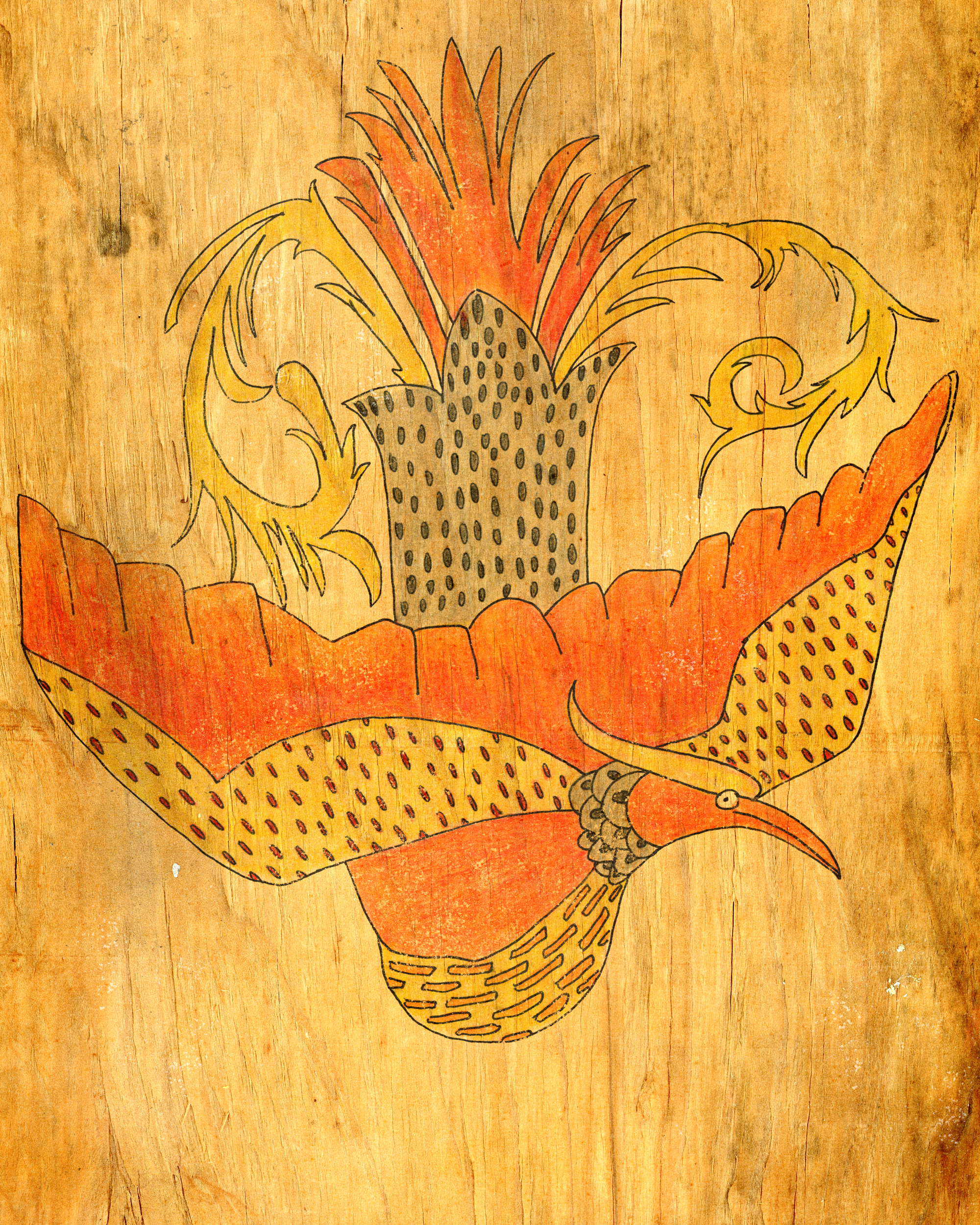 A phoenix of Art Deco design appears to emerge from a plank of wood.