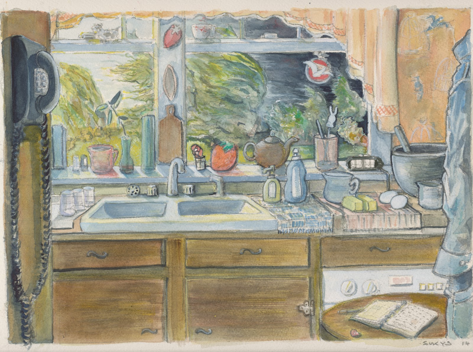 A watercolor painting of a kitchen counter with wood cabinets, a sink, and ingredients for cake set out to come to room temperature. The window over the sink looks out into a turbulent, dark sky and strong winds bending the trees almost in half.