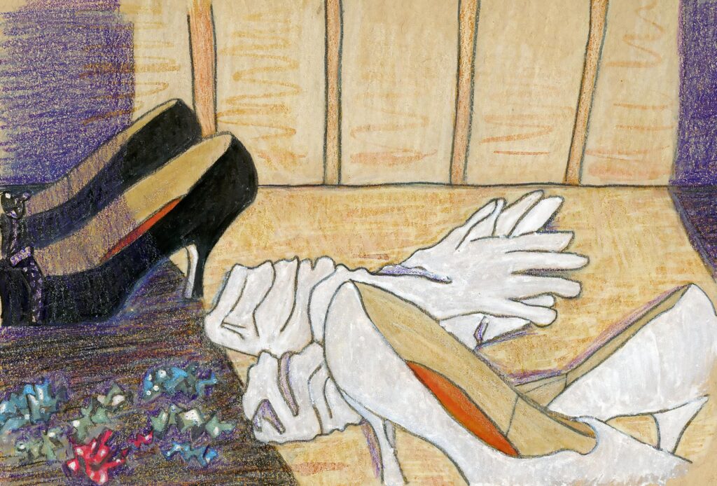 Two pair of high heel, one white, one black, and a pair of long white gloves, sit among empty candy wrappers in a shaft of light from an open bathroom door.